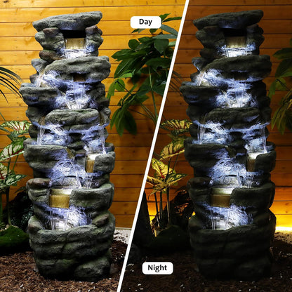 SunJet 51" High Multi-Tiers Cascading Rock Outdoor Water Fountain with LED Lights - Large Outdoor Resin Fountains and Waterfalls for Garden or Patio, Yard, Deck Decor, Featuring Natural Stone Look