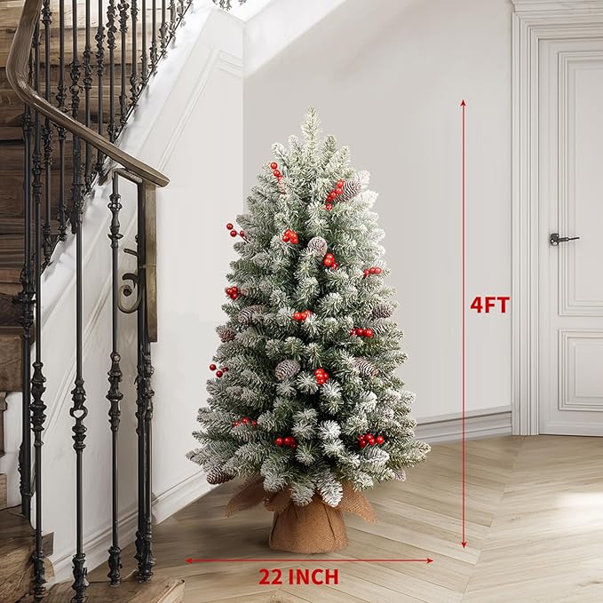 3Ft Pre-lit Tabletop Christmas Tree, Snowy Flocked Christmas Trees, Outdoor Christmas Tree, with 9 Modes LED Lights, Pine Cones & Berries, Battery Operated, for Home Office Desk Decor