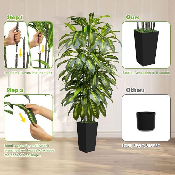 6FT Artificial Dracaena Tree Indoor Fake Tree Tall Plant with Black Planter Faux Plants Indoor Living Room Artificial Plants Indoor Decor Large Fake Plant