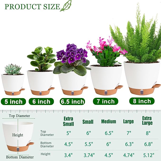 Self Watering Pots for Inoor Ourdoor Plants 8/7/6.5/6/5 Inch Plastic Planters with Drainage Holes & Water Level Indicator, Decorative House Flower Nursery Planting Pots with Saucers (White)