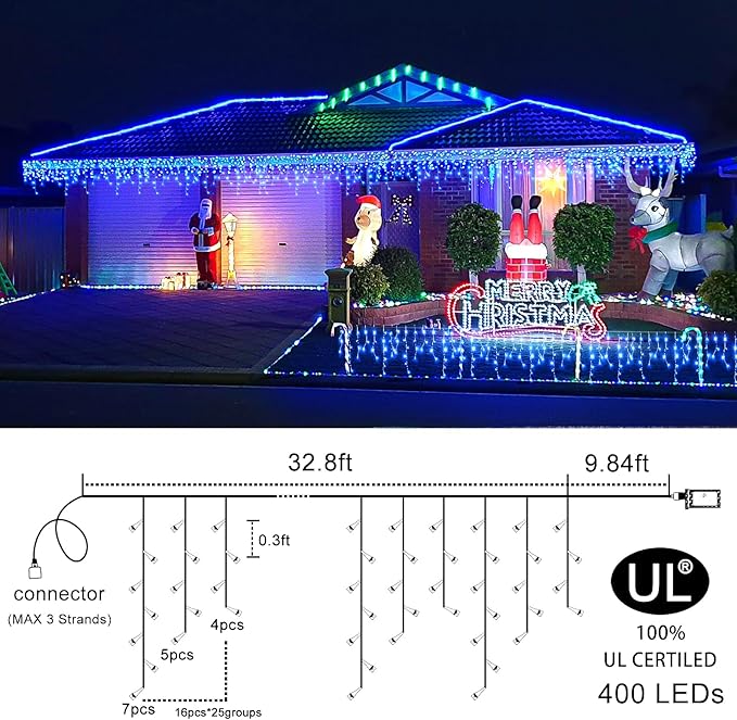 Icicle Christmas Lights Outdoor, 33 FT 400 LED Icicle Lights for Outside 8 Modes with 75 Drops, Plug in Waterproof Hanging Christmas Light for Holiday Pavilion Balcony Decorations, Blue