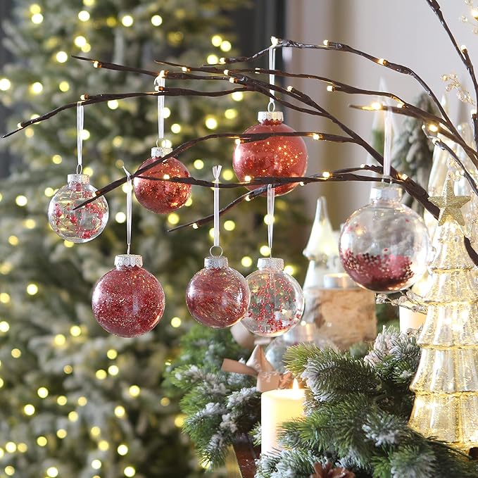 Sea Team Christmas Baubles Set of 48 Shatterproof Clear Plastic Christmas Baubles Multi-Size Decorative Baubles with Stuffed Delicate Decorations (48 Pieces, Red)