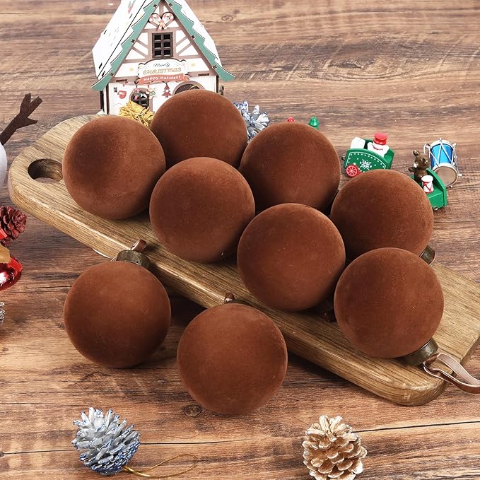 12 Pcs Velvet Christmas Balls Bulk Shatterproof Plastic Christmas Tree Decorations for Decorative Hanging Baubles (12, Brown, 2.36Inch)