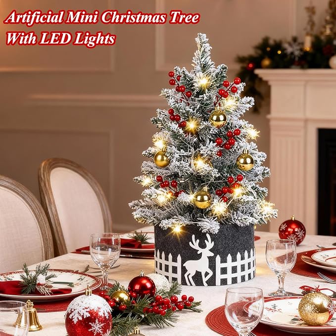 2FT Snow Flocked Mini Christmas Tree with Lights, Pre-Lit Small Christmas Tree for Home, Artificial Xmas Tree for Office, Shop, Bar, Party, Indoor Outdoor Decoration (Battery Not Included)