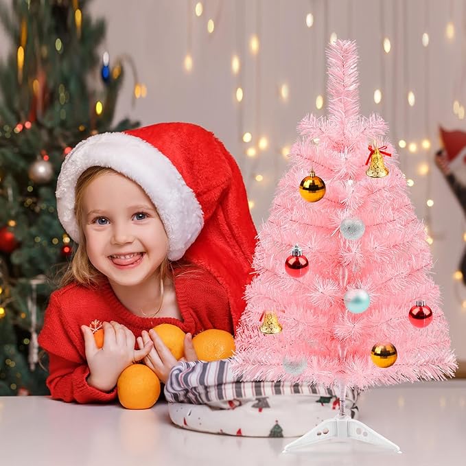 2Ft Artificial Christmas Tree Pink Tabletop Christmas Tree with Plastic Stand Mini Xmas Pine Tree for Indoor Outdoor Holiday Home Decoration
