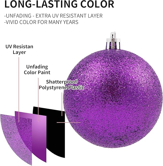 LANGXUN 36pcs Purple Christmas Tree Decorations Balls, Bolas De Navidad, 2025 Christmas Decor, Indoor Outdoor Shatterproof Christmas Ornaments, Xmars Party Wedding Suppiles