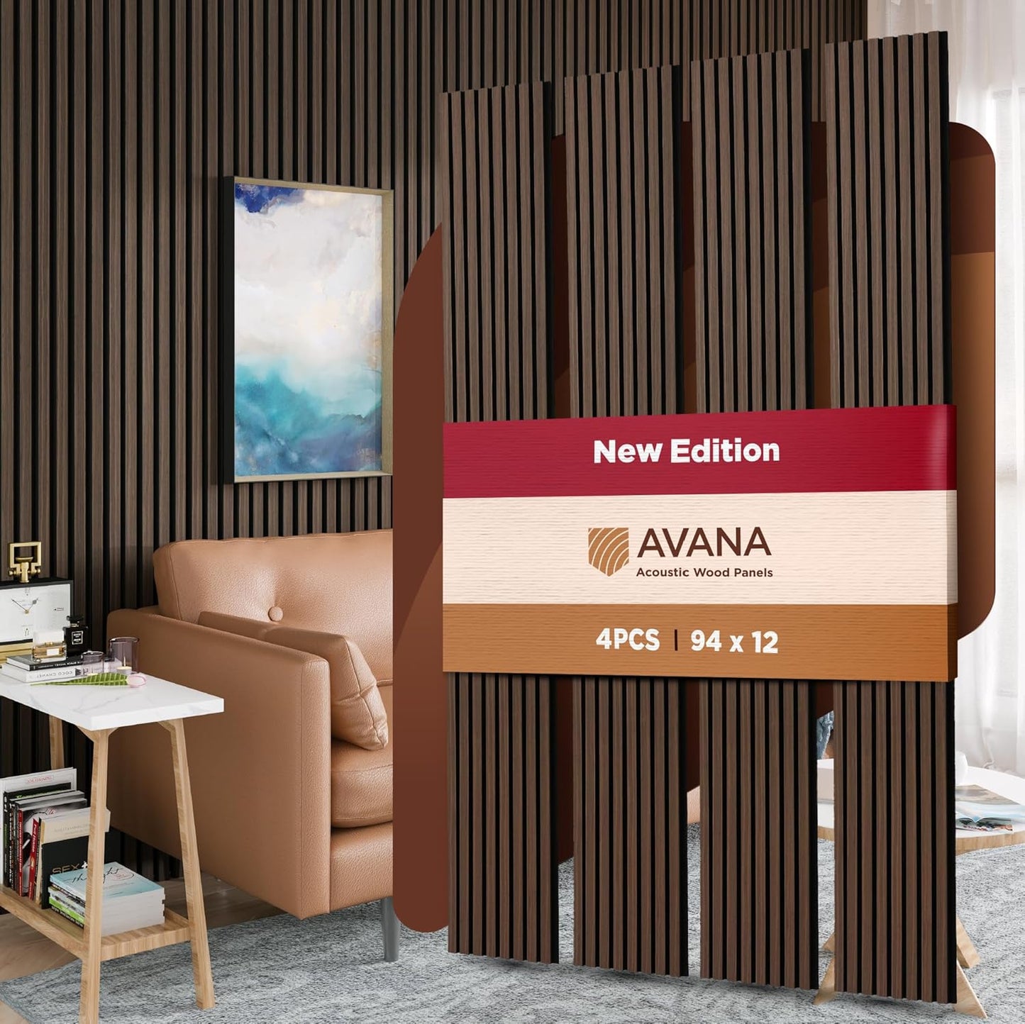 Avana Acoustic Wood Wall Panels – 94.4 x 12.6 Inch Dark Walnut Acoustic Panels 4 PCs – Wall Panels For Interior Wall Decor for Homes, Offices, Studios – Aesthetically Pleasing Wood Panels For Wall