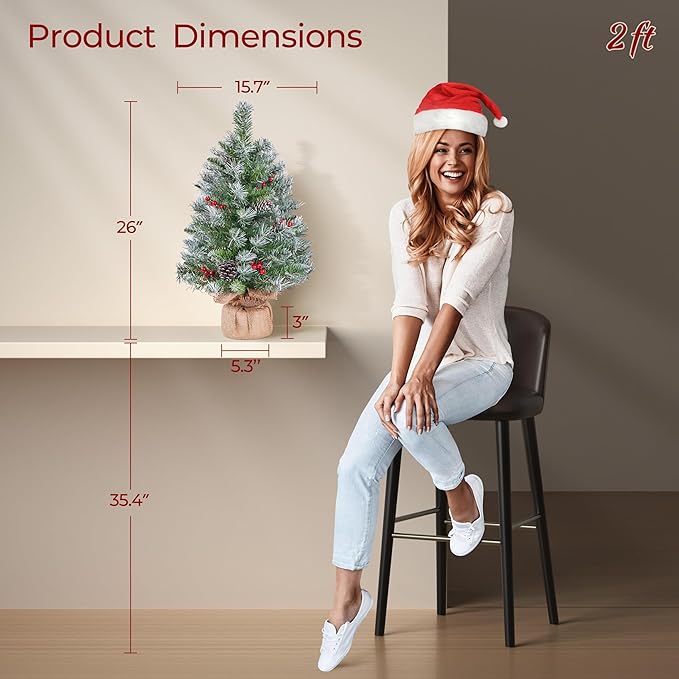 Yaheetech Set of 2 Pre-Lit Artificial Mini Christmas Tree, 2ft Frosted Tabletop Small Christmas Tree with LED Lights, Red Berries & Natural Pinecones for Holiday Decoration