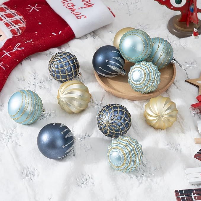100PCS Blue and Gold Christmas Ornaments Set, Shatterproof Christmas Ball Ornaments Bulk, Assorted Decorations Baubles Hanging Ornaments for Christmas Trees Holiday Party Decor (Blue & Gold)