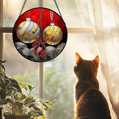 Stained Glass Window Hanging 4 Pcs Set Christmas Golden Bell Sleigh Large 15" - Suncatcher Door Garden Sun Catcher Decor Birthday Mother's Day Xmas Gifts for Mom Woman Nana Men Parents