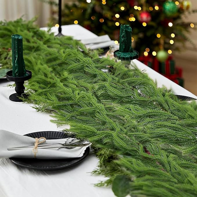 9FT Norfolk Pine Garland Christmas Dense Winter Pine Garland Green Artificial Faux Greenery Real Touch Garlands for Mantle, Wall, Table, Home Xmas Holiday Decor (1)