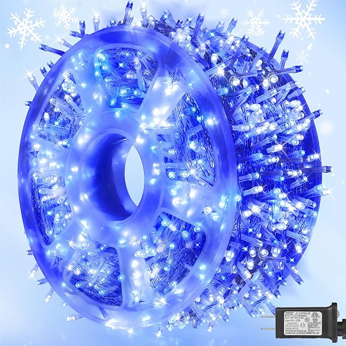 weillsnow 164 FT 500 LED Christmas Lights Outdoor, Waterproof Christmas Fairy Lights with Timer, Plug in Blue White LED String Lights with 8 Modes for Bedroom Wedding Party Xmas Decoration