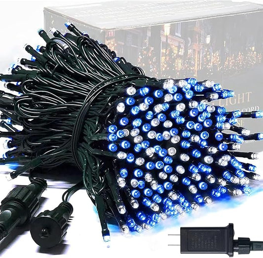 JMEXSUSS 250LED Christmas String Lights 91.5ft Extendable Green Wire Christmas Lights Outdoor Waterproof, 8 Modes LED String Lights Indoor for Tree Wedding Party Garden Patio Decoration, Blue & White