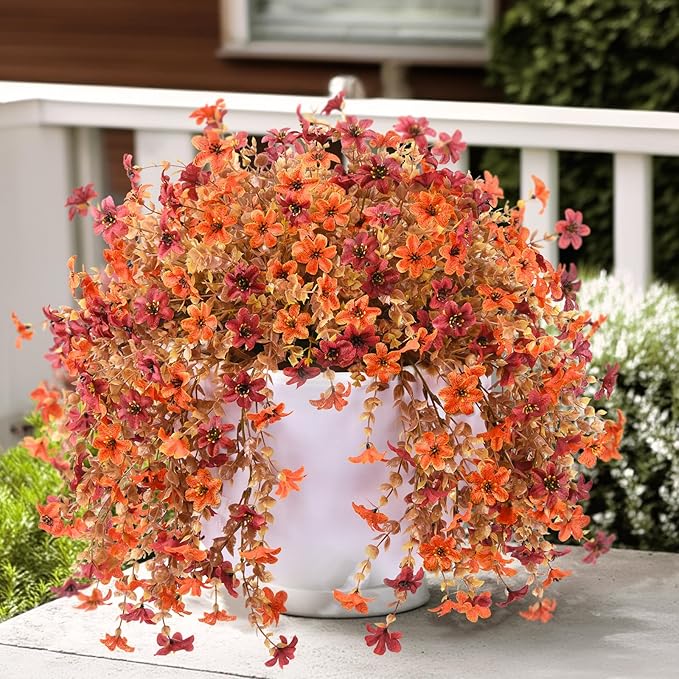Artificial Faux Mums Fall Flowers for Outdoor Autumn Decoration,2 PCS Fake Silk Daisy Flowers Plant Eucalyptus Leaves Realistic UV Resistant for Front Porch Patio Balcony Yard Home Decor(Orange Brown)