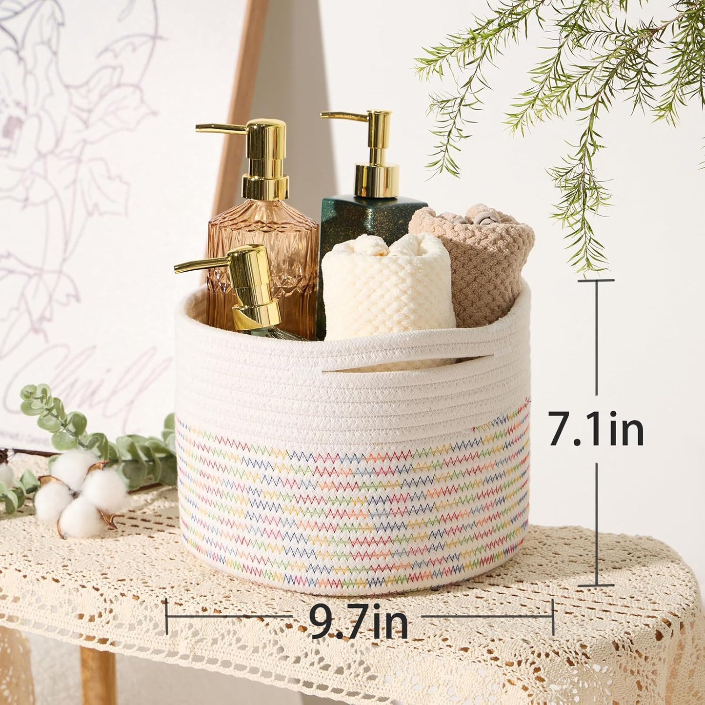 Small Basket for Organizing | Cube Shelf Closet Storage Baskets | 9.7×9.7×7.1” | Woven Rope Gift Basket | Nursery | Round 3 Packs Rainbow