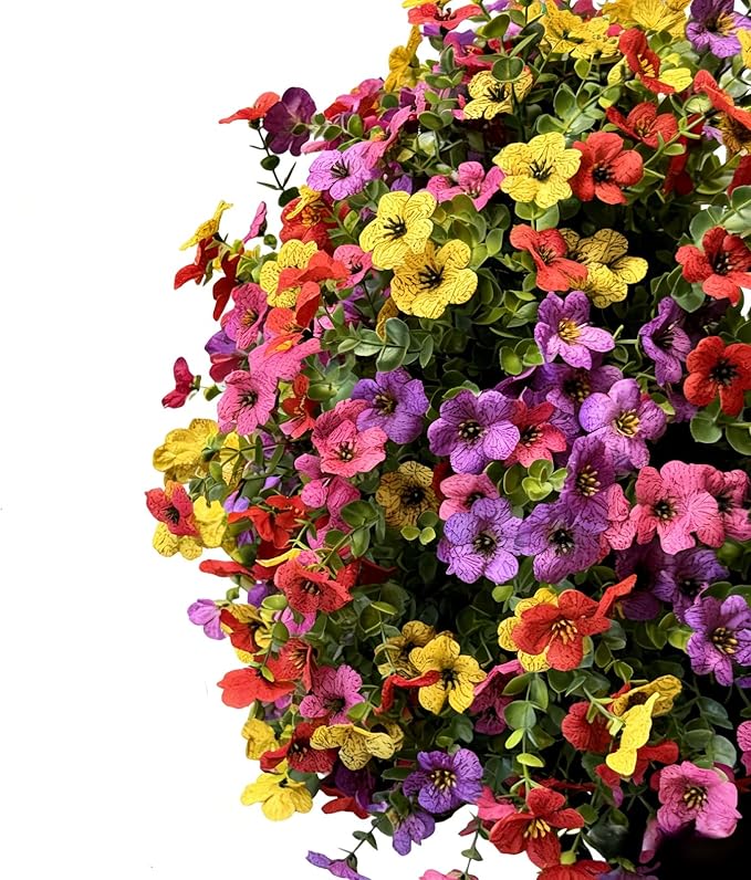 Artificial Flowers Outdoor UV Resistant Fake Plants, 12 Bundles Silk Daisy in Pots for Porch Patio Garden, Faux Potted Home Decor for Outside (Mix Pink, Red, Purple, Yellow)