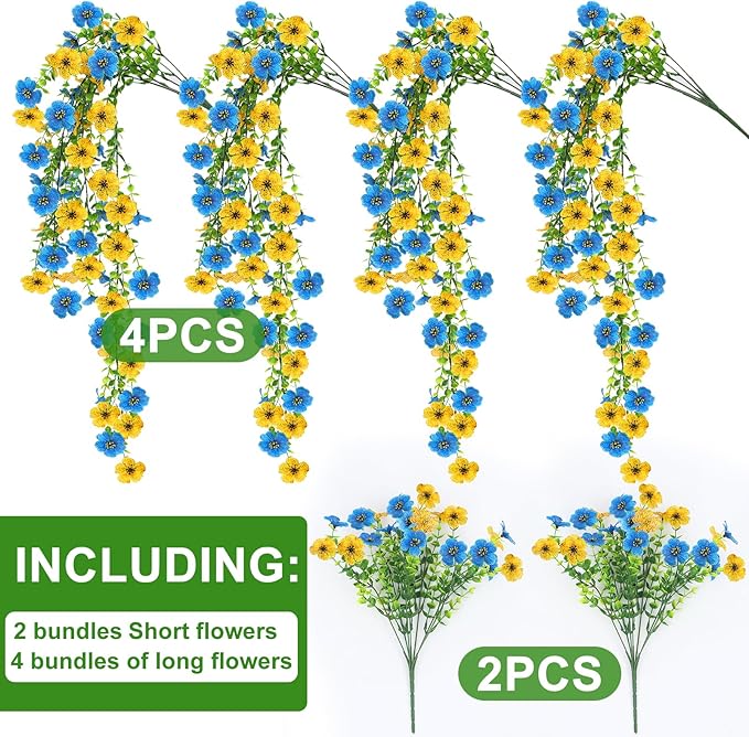 Artificial Flowers for Outdoors 6PCS，All Weather Fade Proof, UV Resistant Waterproof Realistic Faux Silk Mums Daisies Blue & Yellow for Hanging Planters Porch Patio Balcony Deck Fence Garden Decor