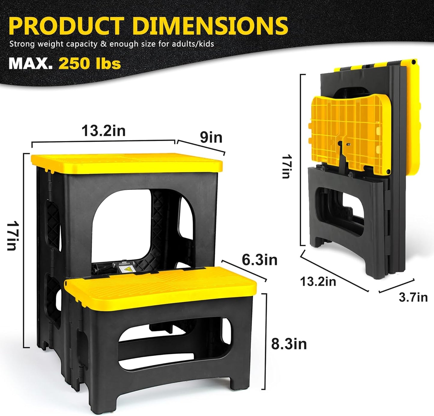 Folding 2-Step Stool, Non-Slip Portable Footstool 8" & 17" Dual Heights, Holds 250 lbs, Portable Footstool for Kitchen Home Toilet Bedroom Office Bathroom RV(Yellow)