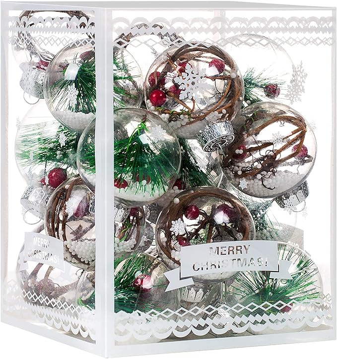 Christmas Ornaments Ball Set-Shatterproof Clear Plastic Decorative Baubles for Xmas Tree House Holiday Wedding Party Decoration,19Pcs (Pine Needle)