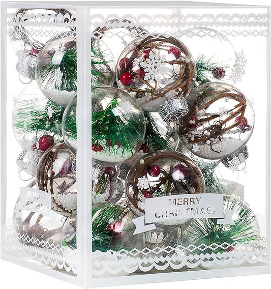 Christmas Ornaments Ball Set-Shatterproof Clear Plastic Decorative Baubles for Xmas Tree House Holiday Wedding Party Decoration,19Pcs (Pine Needle)