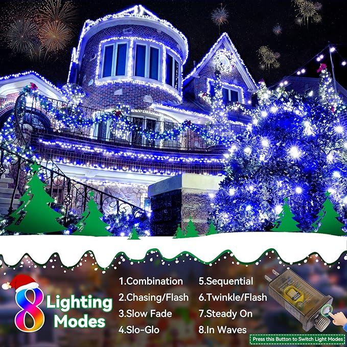 Heceltt Christmas Lights Outdoor, 522FT 1300 LED String Lights with 8 Lighting Modes, Timer Memory Twinkle Fairy Lights Waterproof Plug in for Xmas Tree Wedding Party Holiday Decor(Blue)