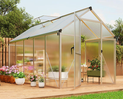 6x10 FT Greenhouse for Outdoors, Polycarbonate Flower Greenhouse with Roof Vent, Push-Pull Lockable Door, Aluminum Walk-in Greenhouses for Outside Garden Backyard, Patio, Lawn, Silver