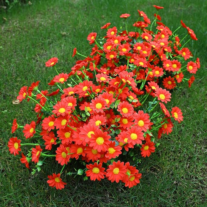 Burgundy Fake Flowers Outdoor 8 Bundles Red Artificial Daisy Plants Outside for Yard Front Porch Planter Decor (8 Bundles Red)