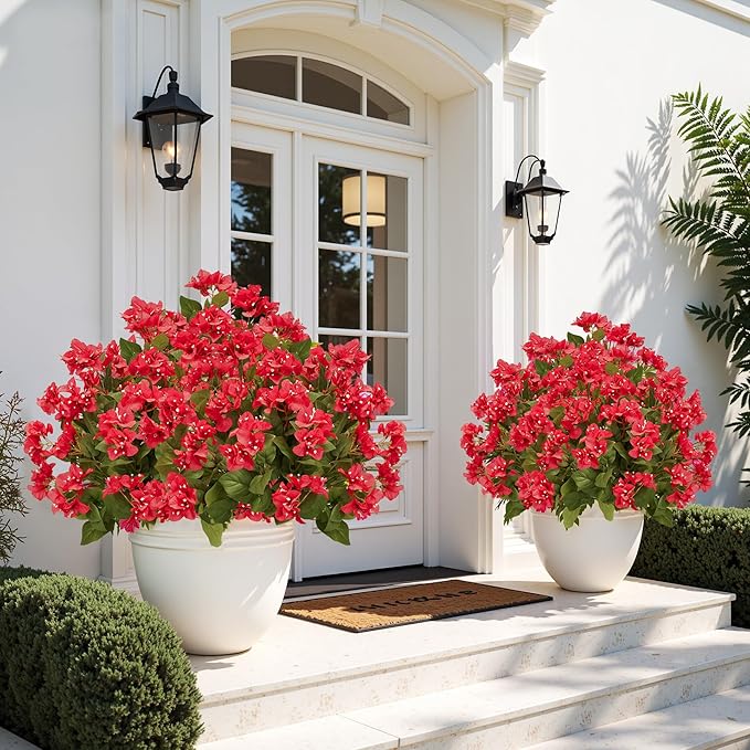 4 Pcs Artificial Flowers Bougainvillea Outdoor Artificial Plants Faux Flowers with Stems Silk Flowers for Wedding Porch Living Garden Decor(4PCS,Red)