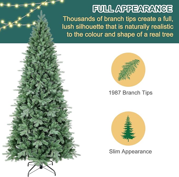 8 FT Artificial Skinny Christmas Tree,Unlit Blue Spruce Slim Pencil Xmas Tree with 1987 PE&PVC Mixed Branch Tips,Hinged Pine Tree with Metal Stand for Home Office Décor