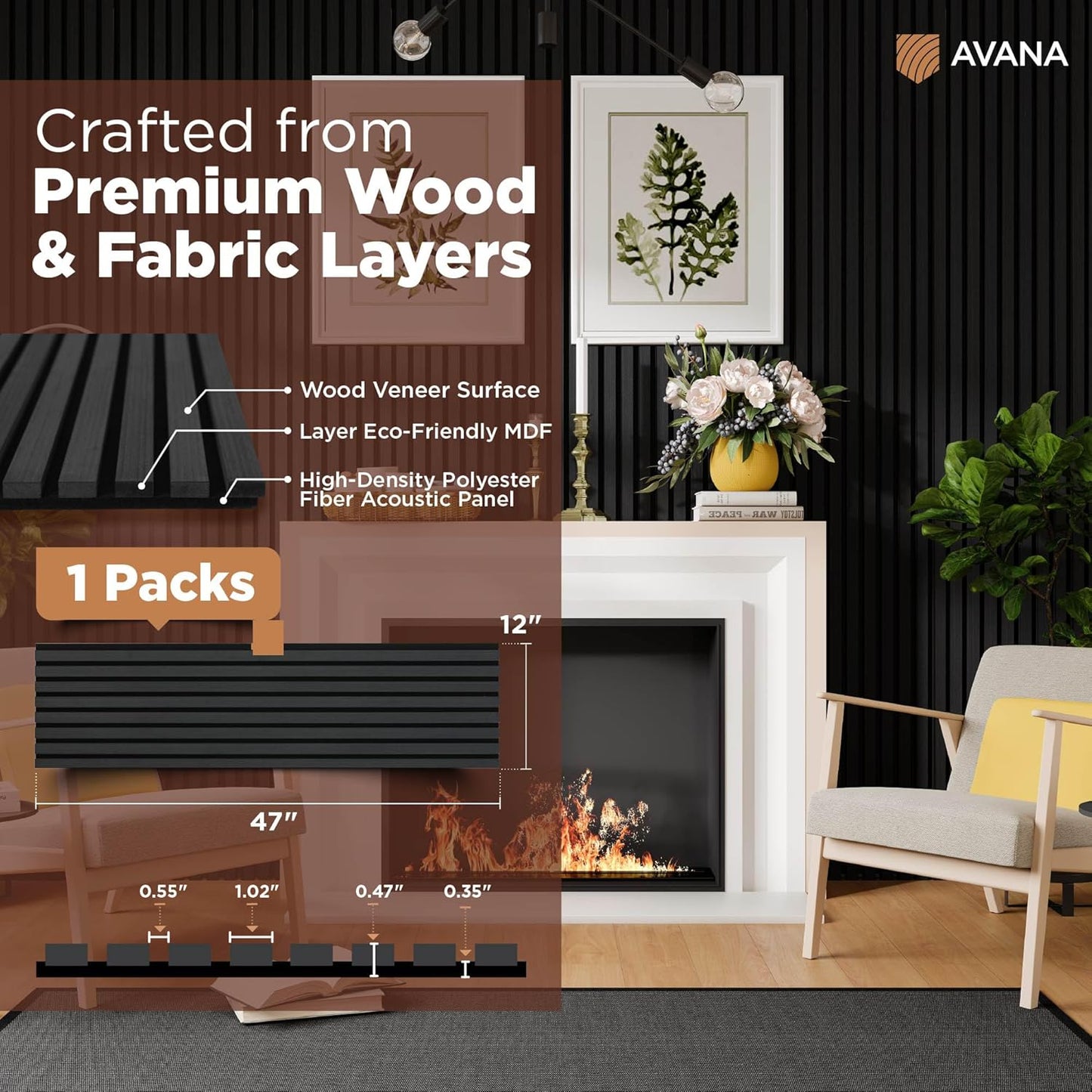 Avana Modern Acoustic Wood Wall Panels – 47.2 x 12.6 Inch Black Oak Acoustic Panels 1 PC – Wall Panels for Interior Wall Decor For Homes, Offices, Studios – Sturdy And Durable Wood Panels For Wall