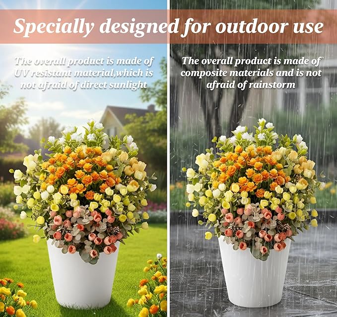 ilauke 7 Bundle Artificial Flowers Outdoor, UV Resistant Fake Flowers in Multicolor, Realistic Faux Flower Roses for Garden Porch Decoration, All Season Fake Plants Bouquet