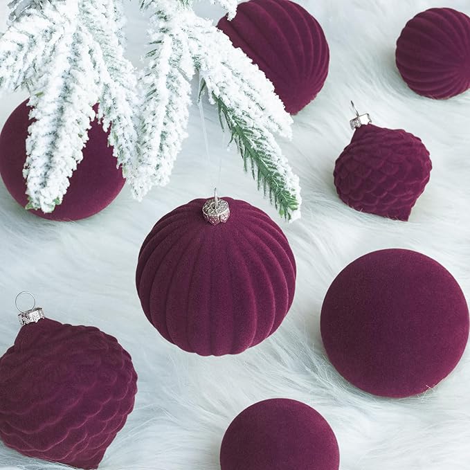 KI Store Velvet Ornaments for Christmas Tree Magenta Purple 25pcs Flocked Christmas Balls Assortment for Xmas Tree Holiday Decor