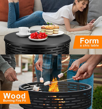 23 Inch Cast Iron Round Fire Pit with Grill, 3-in-1 Outdoor Fire Bowl, Fire Pit Table with Metal Lid and Fire Poker, Wood Burning Firepit for BBQ Bonfire Patio Picnic