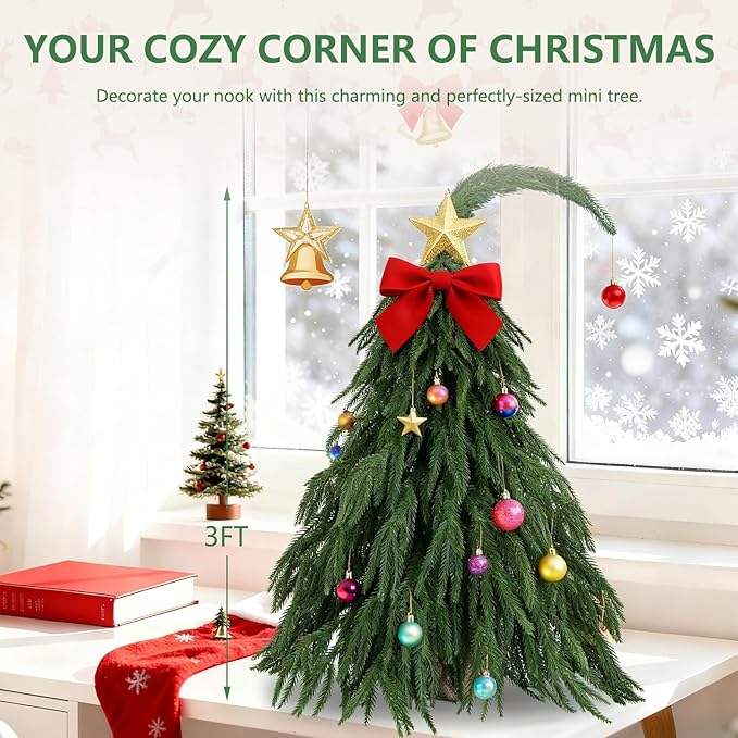 Tabletop Norfolk Pine Christmas Tree, 3FT Green Mini Artificial Christmas Tree with Norfolk Branch, Small Xmas Tree for Christmas Gnome Holiday Indoor Decoration