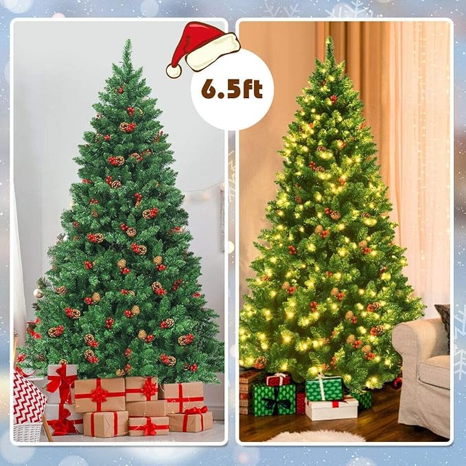 Happygrill 6.5FT Pre-Lit Christmas Tree with Sturdy Metal Stand Artificial Xmas Tree with Pine Cones and Red Berries