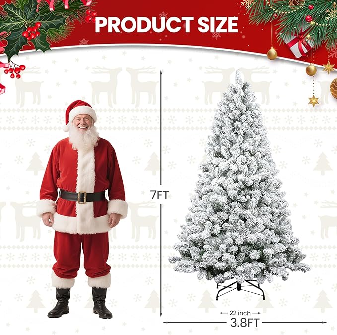 7ft White Artificial Christmas Tree with Snow Flocked Branches, Realistic Full Shape Xmas Tree with Sturdy Metal Stand for Indoor Holiday Decoration