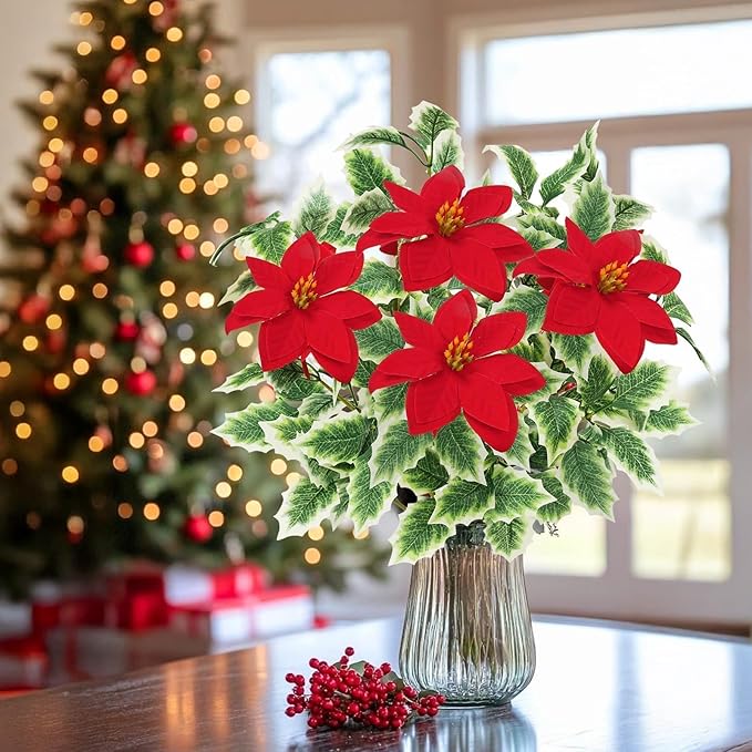 HUAESIN 4pcs Poinsettia Flowers Artificial Christmas Cemetery Flowers with Holly Leaves Faux Red Velvet Poinsettia Indoor Outdoor Long Stem Floal Arrangment for Crafts Vase Table Home Decor