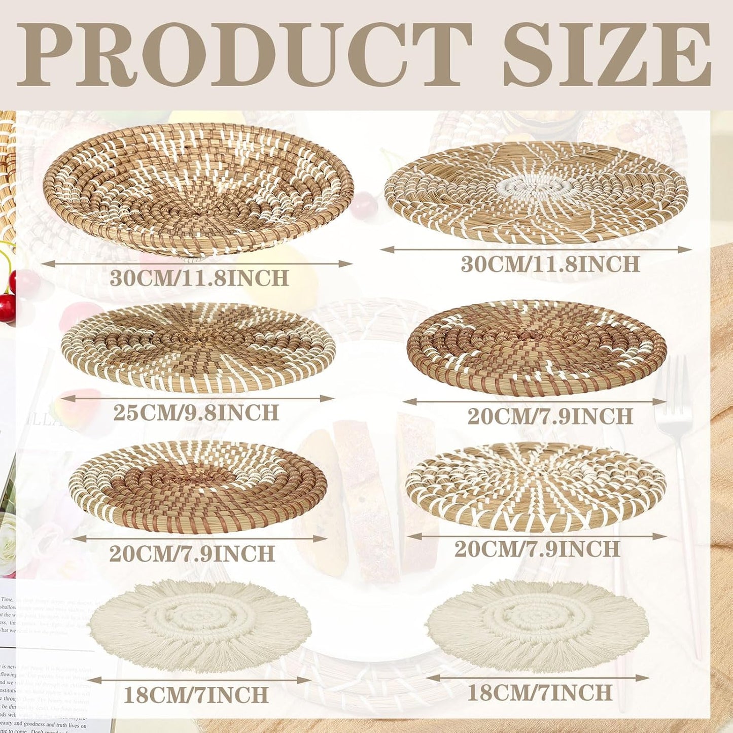 Xuhal Set of 8 Hanging Woven Wall Basket Handmade Decorative Rustic Boho Basket Decor Handcrafted Wicker Round Seagrass Wall Art for Home Kitchen Farmhouse Table Living Room(Classic)