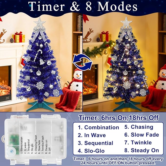 3 Ft Small Christmas Tree Hanukkah Decor with Timer Remote, 8 Modes 50 Warm White&Colorful Change Lights, 3D Star&44 Ornaments, Battery Operated, Mini Christmas Tree Table Indoor Holiday Party Decor