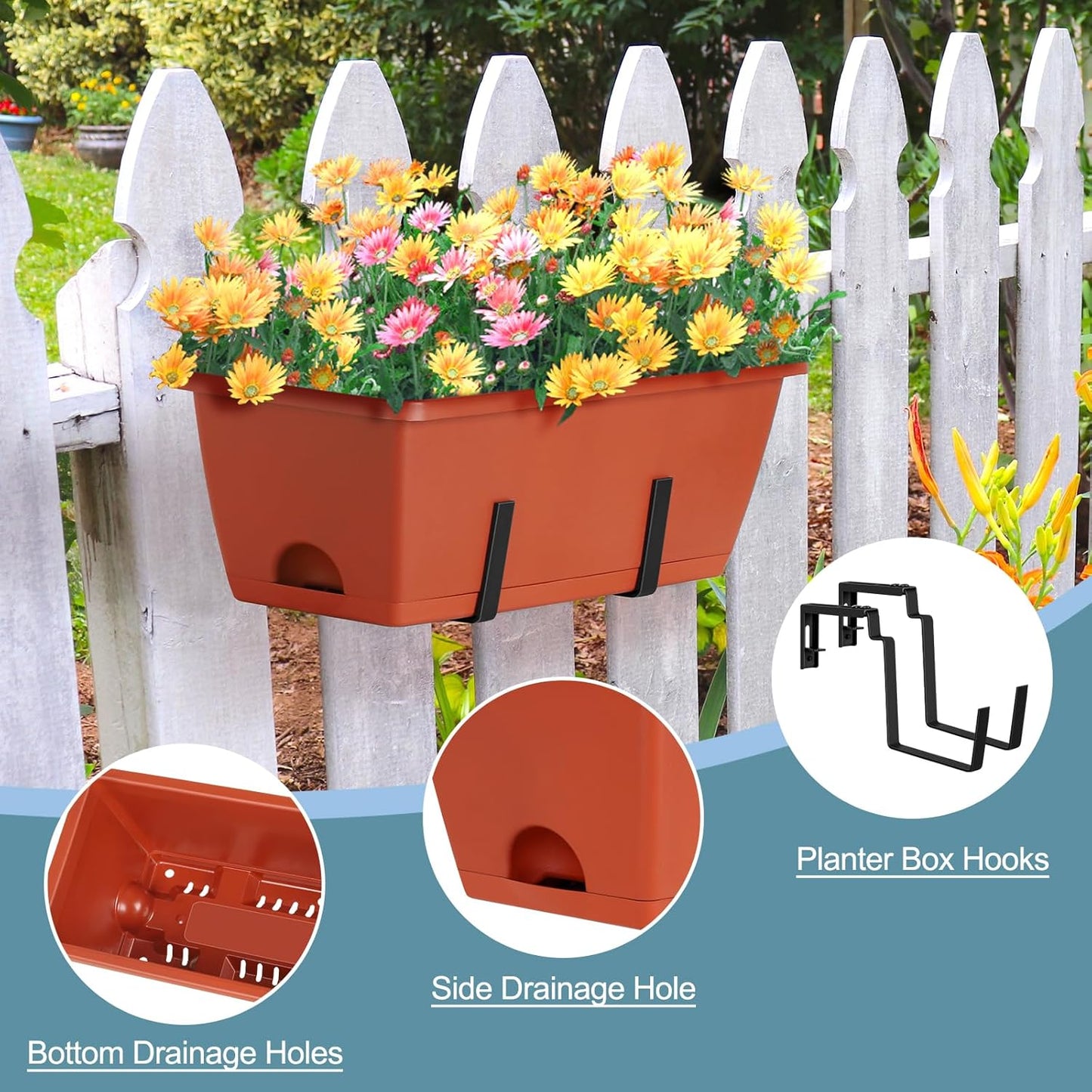 smusei Window Boxes Planters 17’’ Railing Planter Box with Adjustable Brackets, 4 Pack Hanging Deck Railing Planters Rectangular Flower Pots for Outdoor Patio Balcony Fence