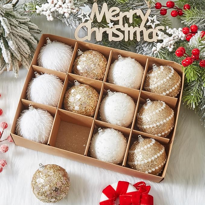Champagne Gold Christmas Ball Ornaments, Christmas Ball Decorations Shatterproof Plastic Hanging Pearl Balls for Holiday Party(70mm/2.76", 12ct)