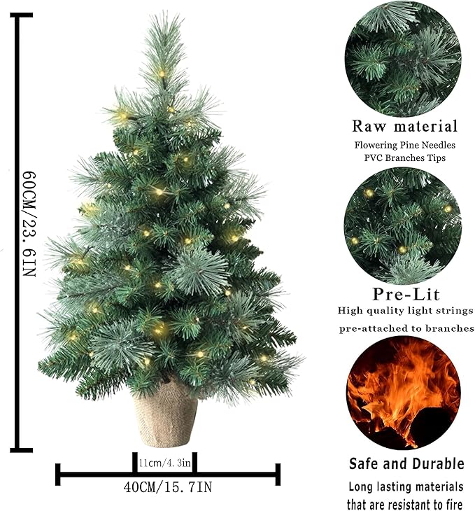 2ft Pre-lit Mini Artificial Christmas Tree,68 PVC Branches Tips & 17 Flowering Pine Needles & LED String Lights & Burlap Wrapped Base,Battery Operated Green Xmas Tree for Tabletop