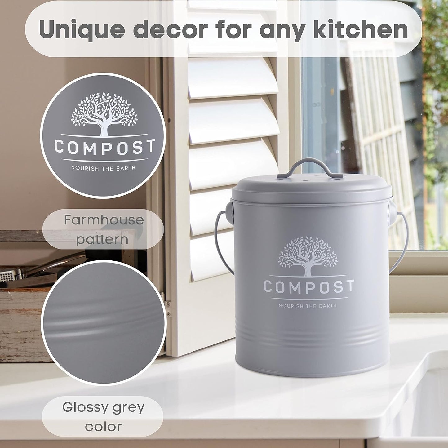 Perfnique Kitchen Compost Bin, 1.3 Gallon Countertop Compost Bin with Lid, Indoor Compost Bucket Includes Inner Bucket Liner and Carbon Filter, Small Compost Bin with Trash Bags (with Bags, Grey)