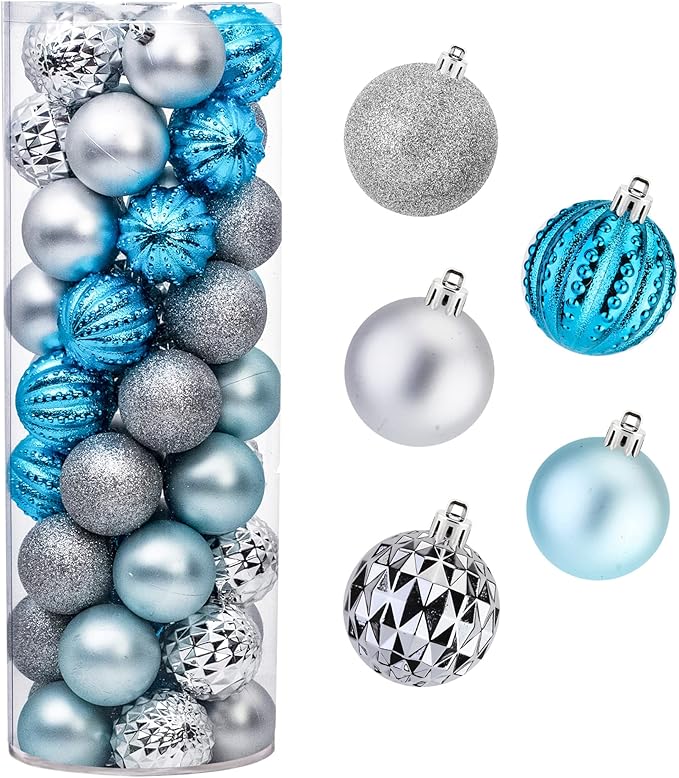 45Pcs 6cm/2.36inch Christmas Balls Glitter Ornaments Set, Shatterproof Plastic Xmas Tree Hanging Ornament, Christmas Decorations Balls for Holiday Festival Wedding House Bar Party(Blue/Silver)