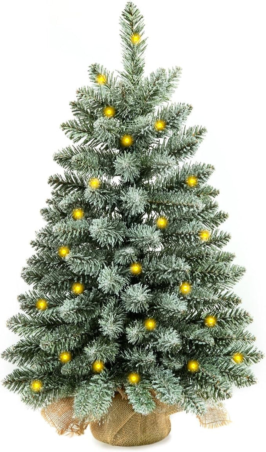 2 ft Mini Christmas Trees with 25 F5 LED Lights, 24" Decorated Burlap Artificial Tabletop Christmas Trees Home Party Decoration for Kitchen Dining Room Window