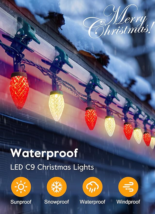 C9 LED Christmas Lights Outdoor, 68 Ft 100 LED Strawberry String Lights With 100 Spring Clamps, Waterproof Commercial Grade Extendable for Outside Roofline Patio Home Xmas Decoration, Red & Warm White