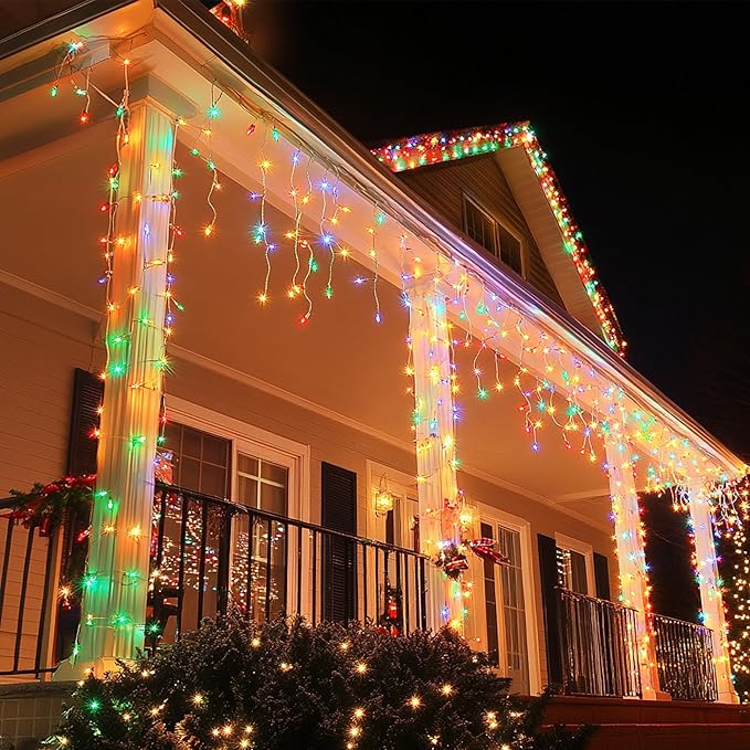 Dazzle Bright Christmas Icicle Lights, 88.5 FT 1080 LED 8 Modes Curtain Fairy Lights with 180 Drops, Xmas String Lights for Outdoor Holiday Wedding Party Decorations (Multi-Colored)