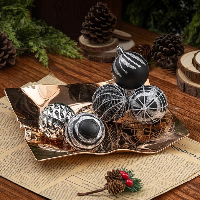 100ct Christmas Ball Ornaments Set, Black Silver and White Shatterproof Hand-Painted Hanging Baubles Decoration Bulk for Xmas Tree, Wreath, Garland, Home Holiday Decor