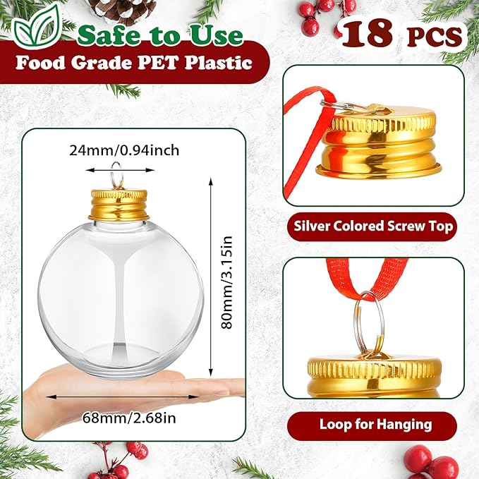 Patelai 18 Pcs Christmas Drink Balls Clear Shot Glass Ornaments Xmas Tree Fillable Ornaments Plastic Xmas Water Bottle Bulbs for Holiday Party Decorations(Round,150 ml)