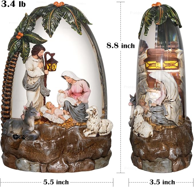 Nativity Snow Globe Christmas Decorations Gifts Nativity Scene Sheep Donkey Musical Glitter Snowfall USB/Battery Timer 8.8 inch